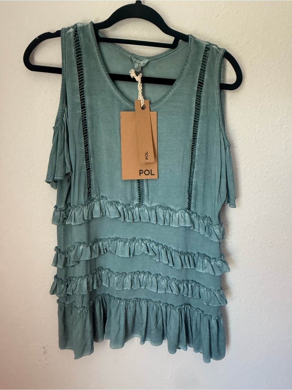 POL Sage Blue Ruffle Cold-Shoulder Tank Top